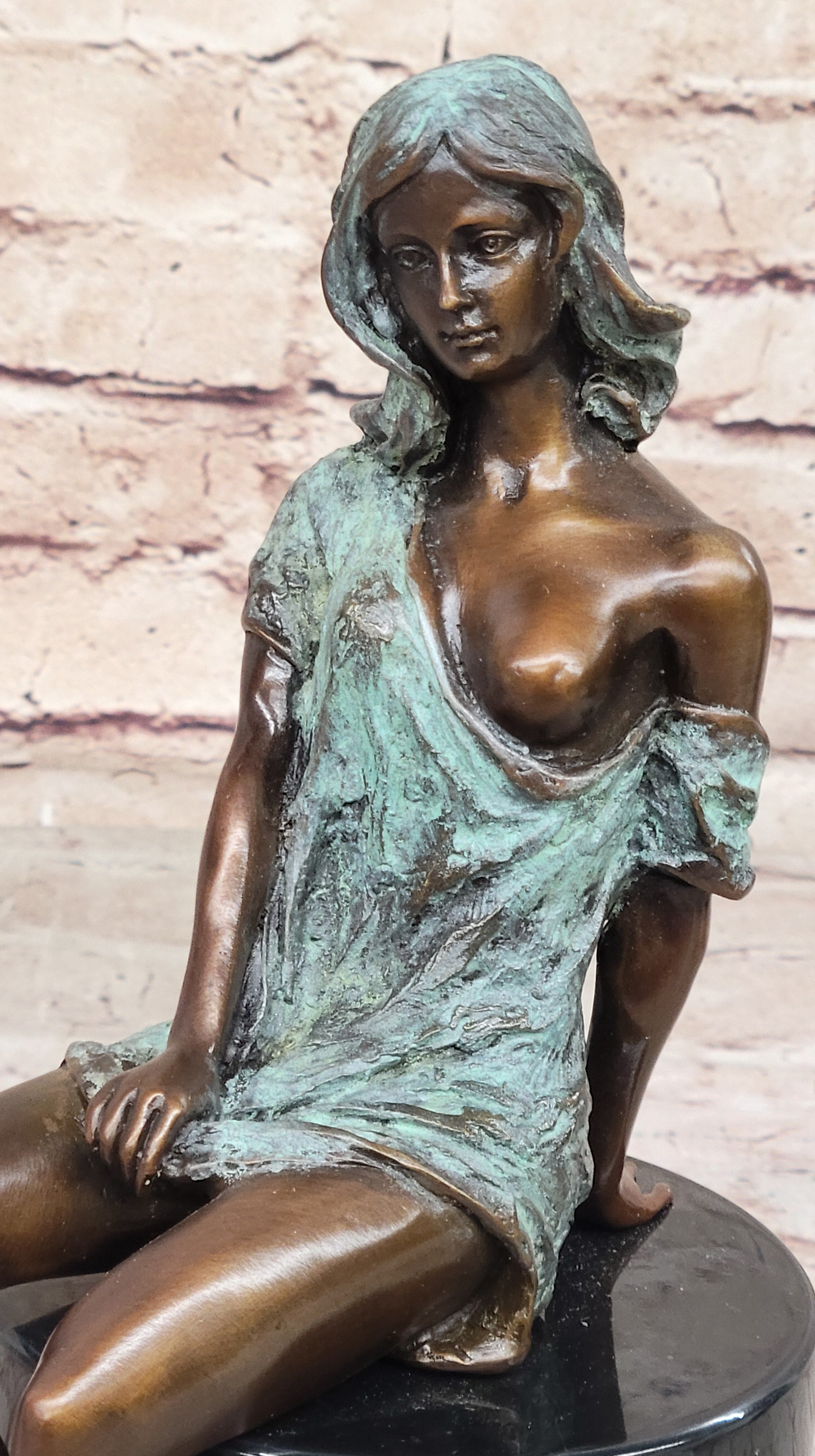 Sexy Semi Nude Girl - Bronze Sculpture Figure on Marble Base by Milo w/ Green Patina
