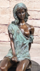 Sexy Semi Nude Girl - Bronze Sculpture Figure on Marble Base by Milo w/ Green Patina