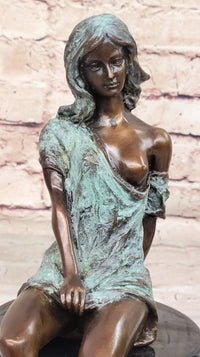 Sexy Semi Nude Girl - Bronze Sculpture Figure on Marble Base by Milo w/ Green Patina