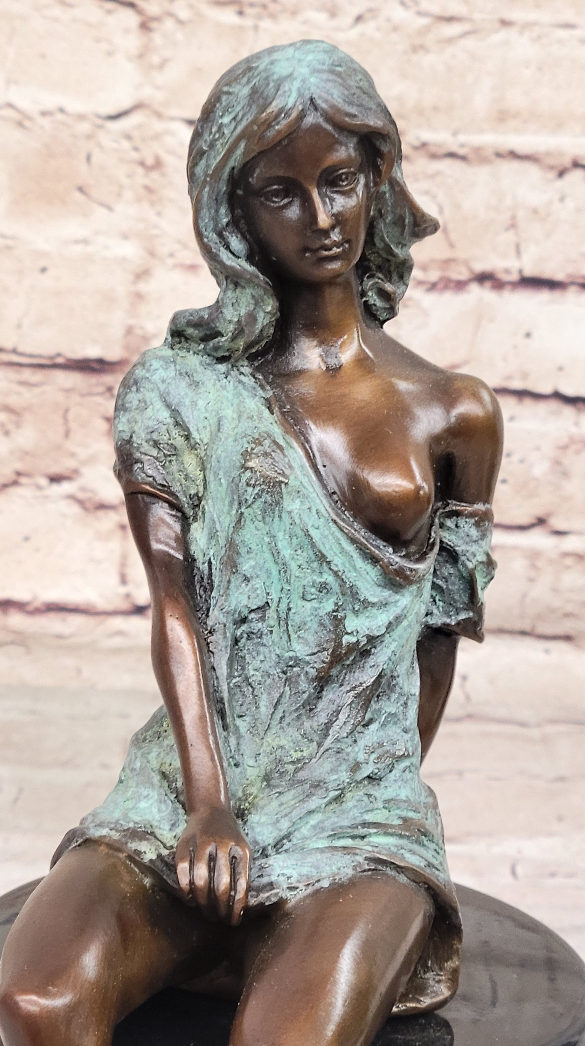 Sexy Semi Nude Girl - Bronze Sculpture Figure on Marble Base by Milo w/ Green Patina