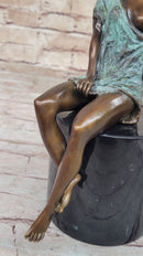Sexy Semi Nude Girl - Bronze Sculpture Figure on Marble Base by Milo w/ Green Patina