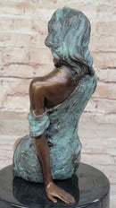 Sexy Semi Nude Girl - Bronze Sculpture Figure on Marble Base by Milo w/ Green Patina