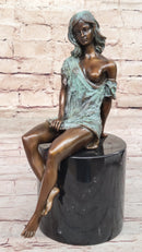 Sexy Semi Nude Girl - Bronze Sculpture Figure on Marble Base by Milo w/ Green Patina