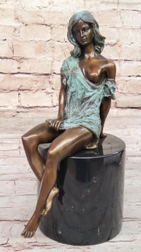 Sexy Semi Nude Girl - Bronze Sculpture Figure on Marble Base by Milo w/ Green Patina