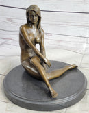 Nude Seated Girl with Legs Crossed Bronze Figure Sculpture Art