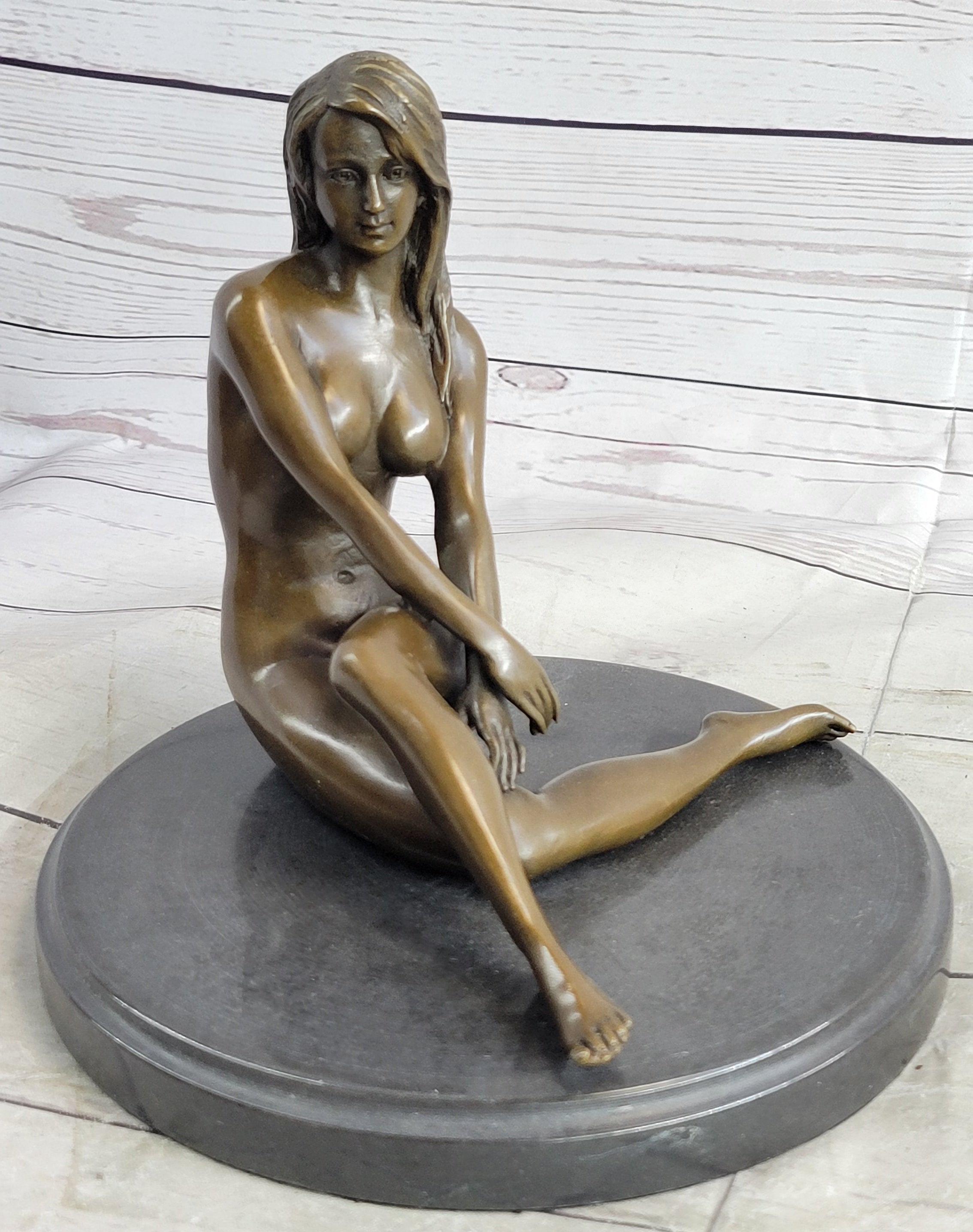 Nude Seated Girl with Legs Crossed Bronze Figure Sculpture Art