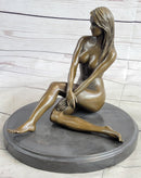 Nude Seated Girl with Legs Crossed Bronze Figure Sculpture Art