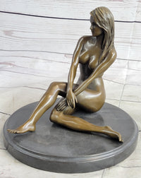 Nude Seated Girl with Legs Crossed Bronze Figure Sculpture Art