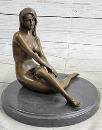 Nude Seated Girl with Legs Crossed Bronze Figure Sculpture Art