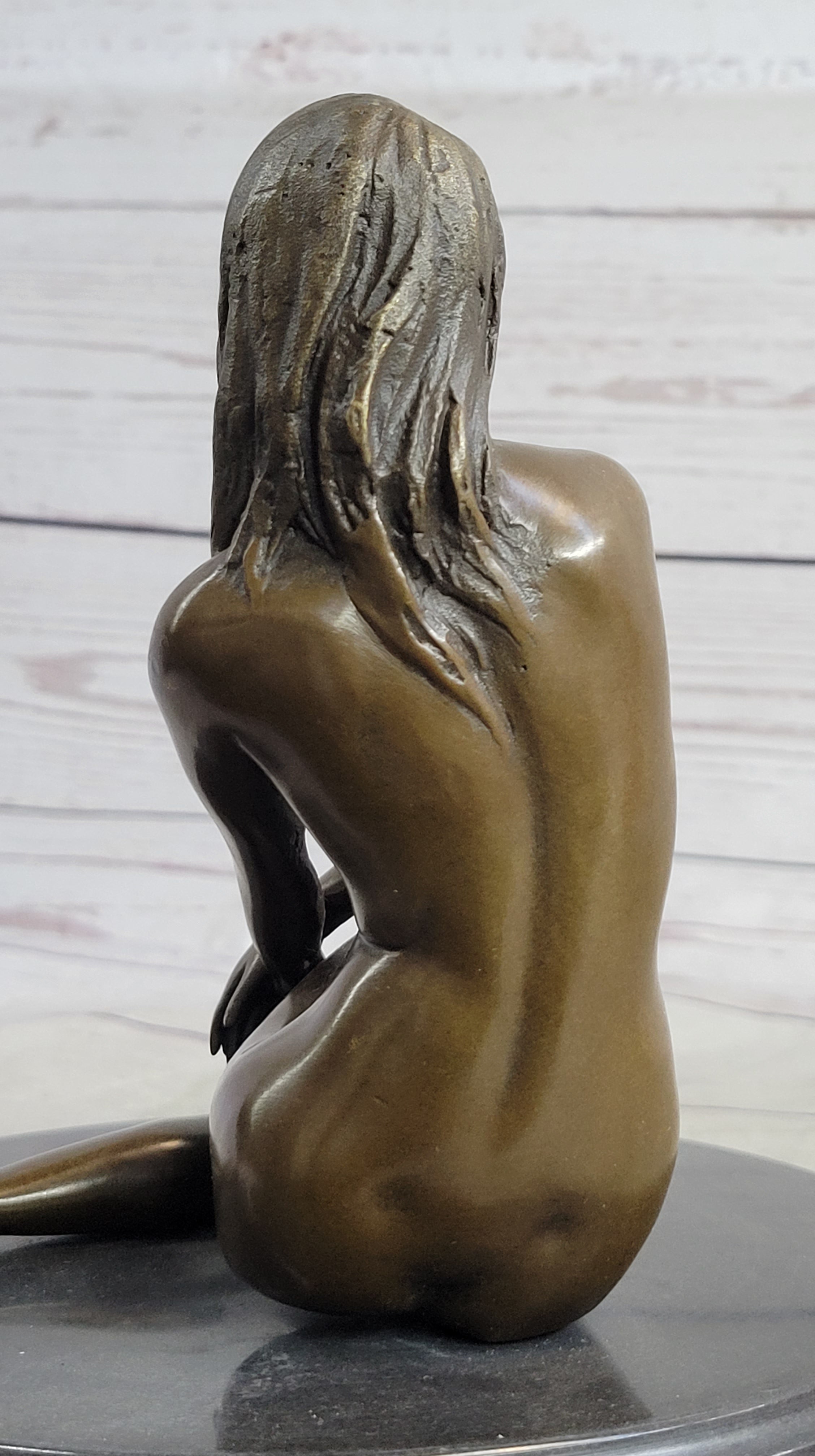 Nude Seated Girl with Legs Crossed Bronze Figure Sculpture Art