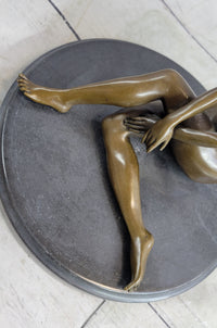 Nude Seated Girl with Legs Crossed Bronze Figure Sculpture Art