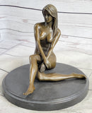 Nude Seated Girl with Legs Crossed Bronze Figure Sculpture Art