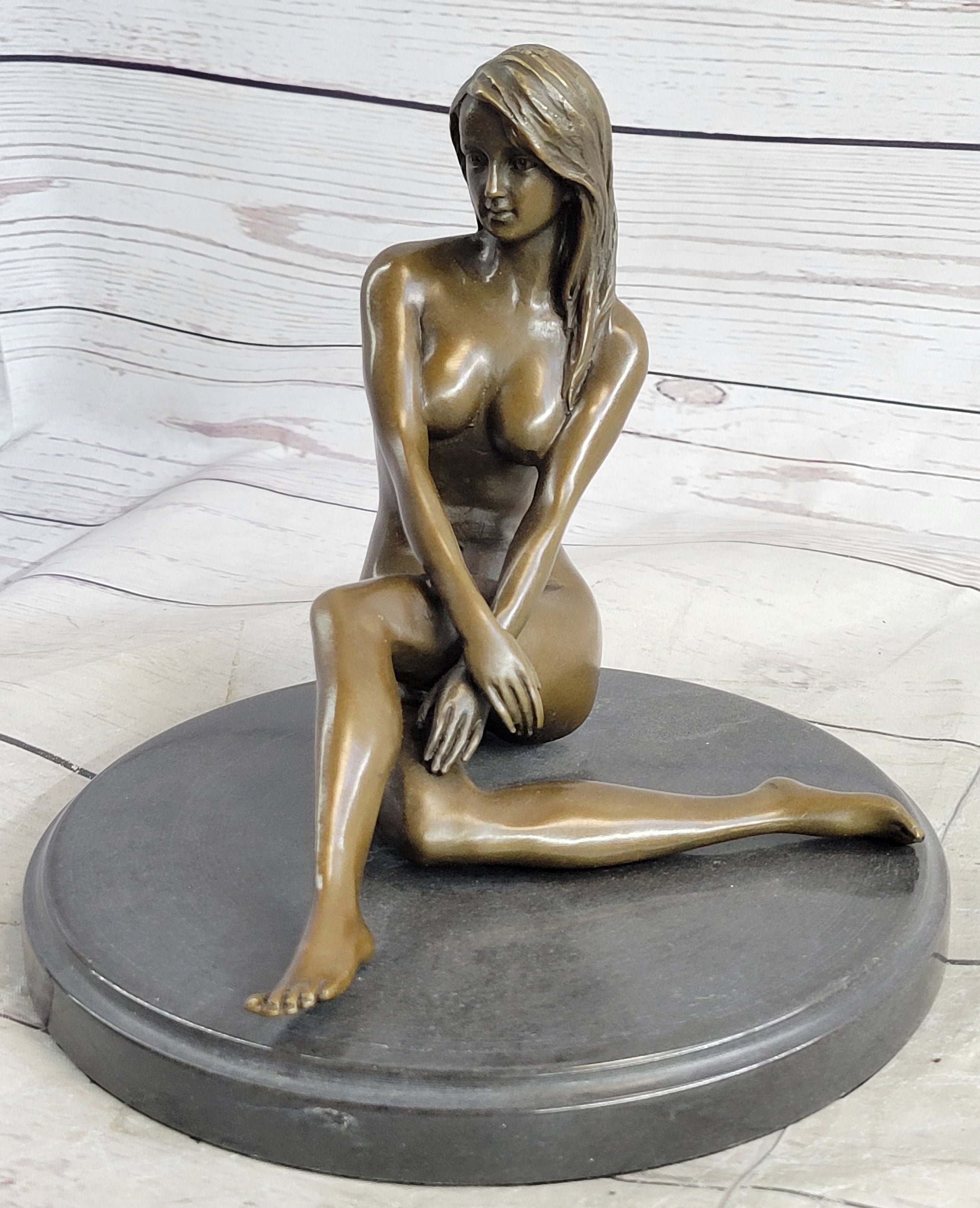 Nude Seated Girl with Legs Crossed Bronze Figure Sculpture Art