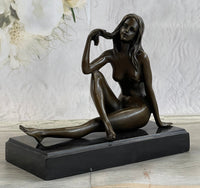 Sexy Nude Female Figure Sitting With Legs Crossed - Bronze Statue Sculpture on Marble Base