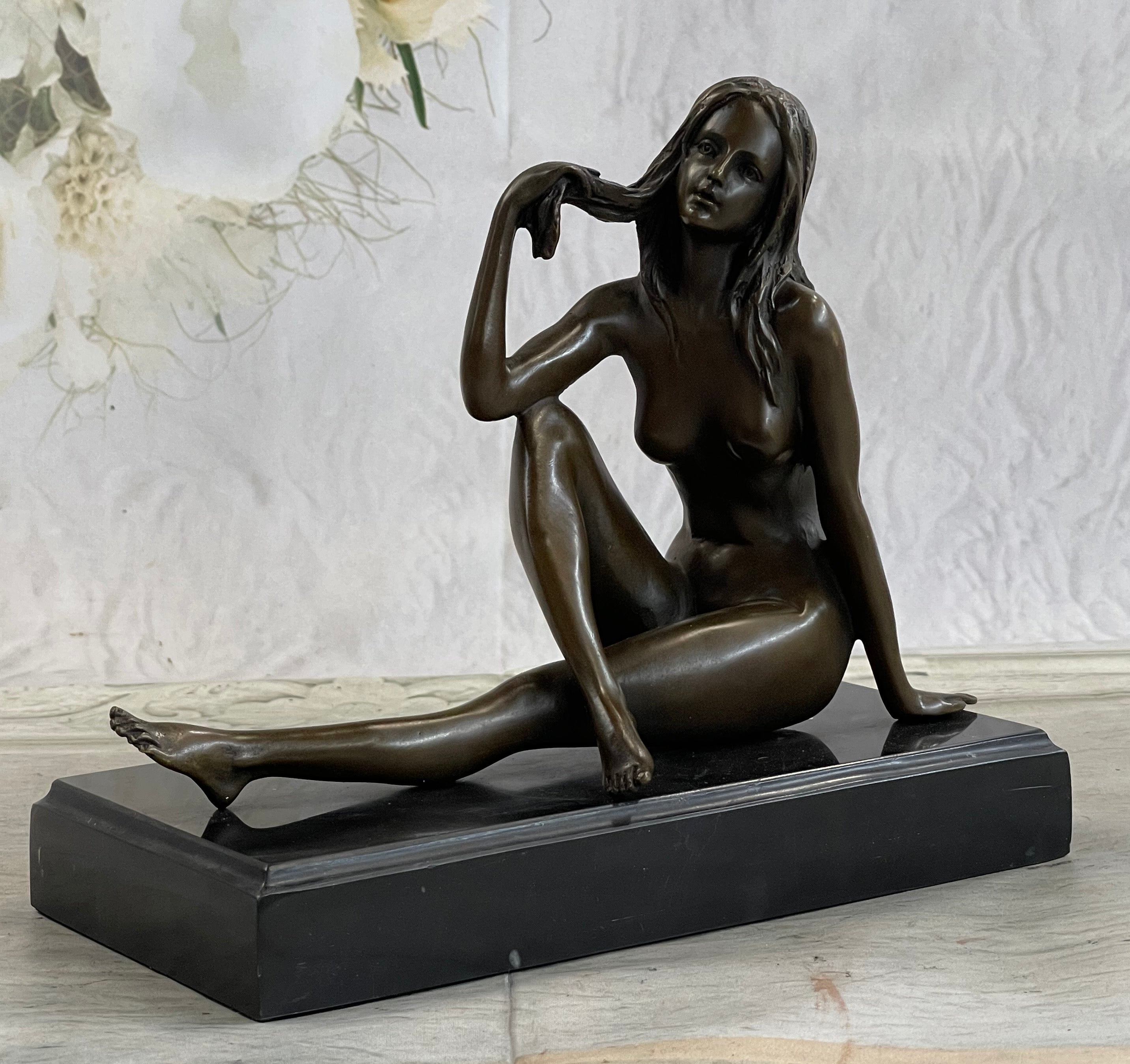 Sexy Nude Female Figure Sitting With Legs Crossed - Bronze Statue Sculpture on Marble Base