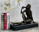 Sexy Nude Female Figure Sitting With Legs Crossed - Bronze Statue Sculpture on Marble Base