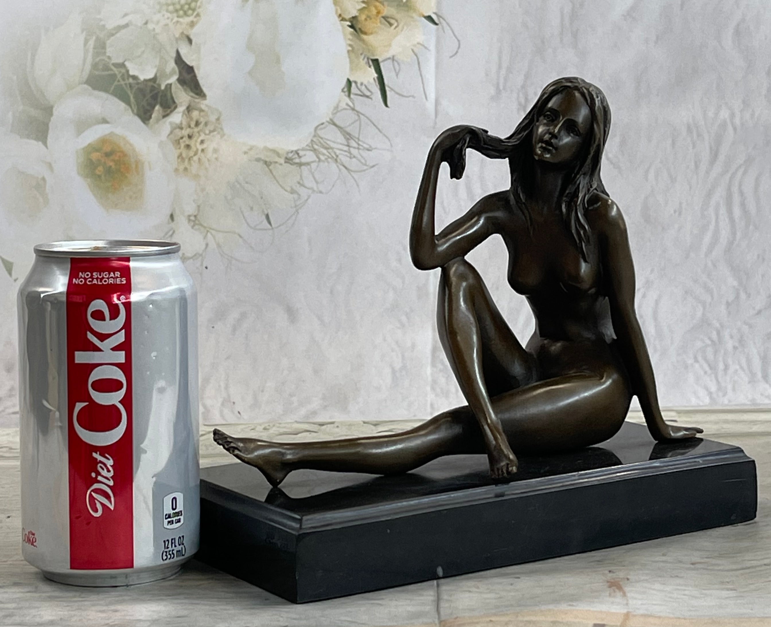 Sexy Nude Female Figure Sitting With Legs Crossed - Bronze Statue Sculpture on Marble Base