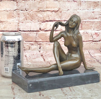 Sexy Nude Female Figure Sitting With Legs Crossed - Bronze Statue Sculpture on Marble Base