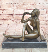 Sexy Nude Female Figure Sitting With Legs Crossed - Bronze Statue Sculpture on Marble Base