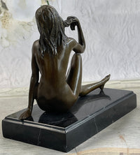 Sexy Nude Female Figure Sitting With Legs Crossed - Bronze Statue Sculpture on Marble Base