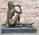 Sexy Nude Female Figure Sitting With Legs Crossed - Bronze Statue Sculpture on Marble Base