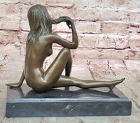 Sexy Nude Female Figure Sitting With Legs Crossed - Bronze Statue Sculpture on Marble Base