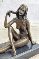 Sexy Nude Female Figure Sitting With Legs Crossed - Bronze Statue Sculpture on Marble Base