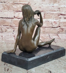 Sexy Nude Female Figure Sitting With Legs Crossed - Bronze Statue Sculpture on Marble Base
