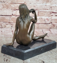 Sexy Nude Female Figure Sitting With Legs Crossed - Bronze Statue Sculpture on Marble Base