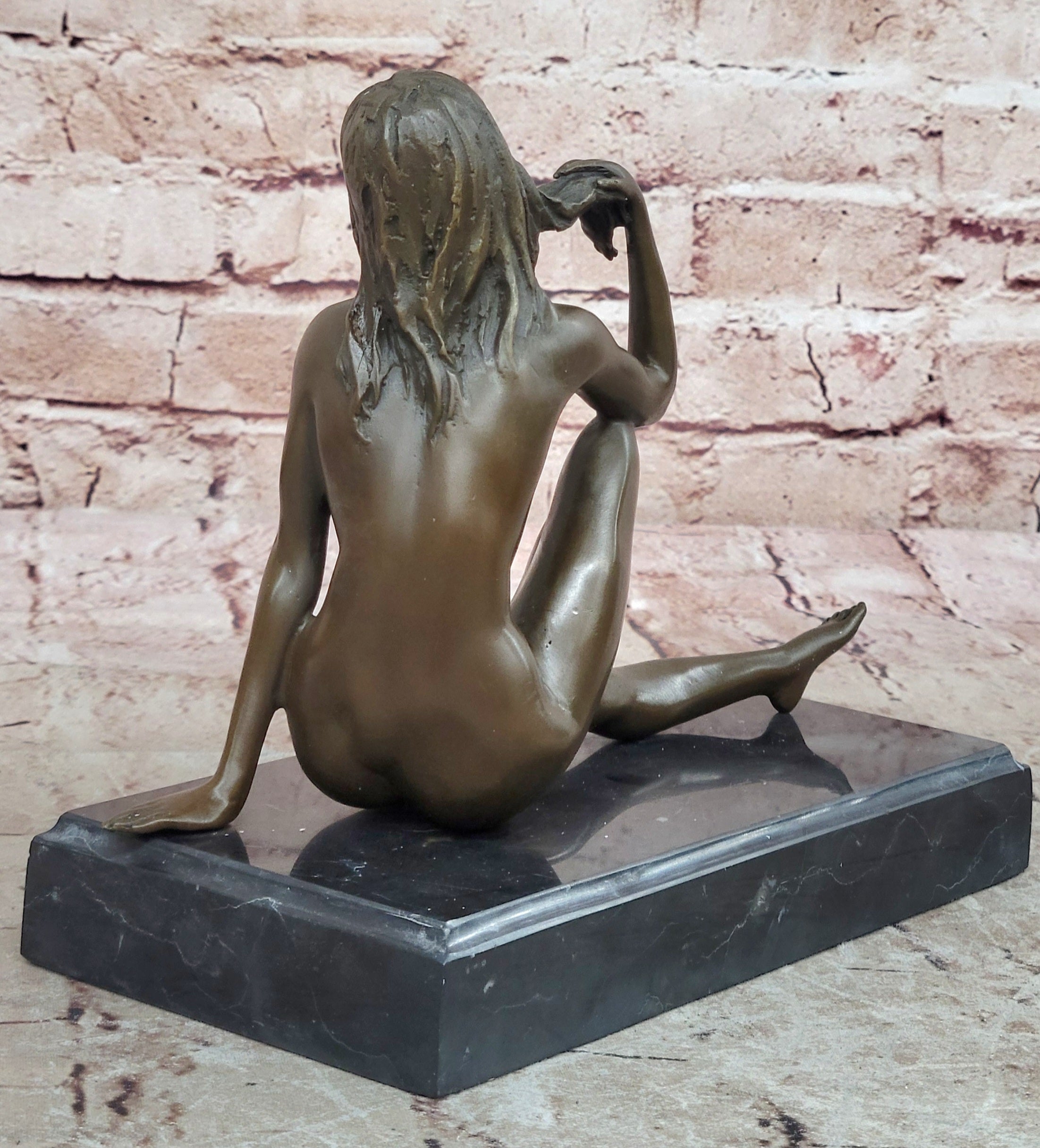 Sexy Nude Female Figure Sitting With Legs Crossed - Bronze Statue Sculpture on Marble Base