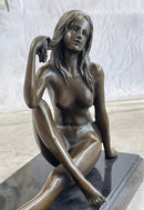 Sexy Nude Female Figure Sitting With Legs Crossed - Bronze Statue Sculpture on Marble Base