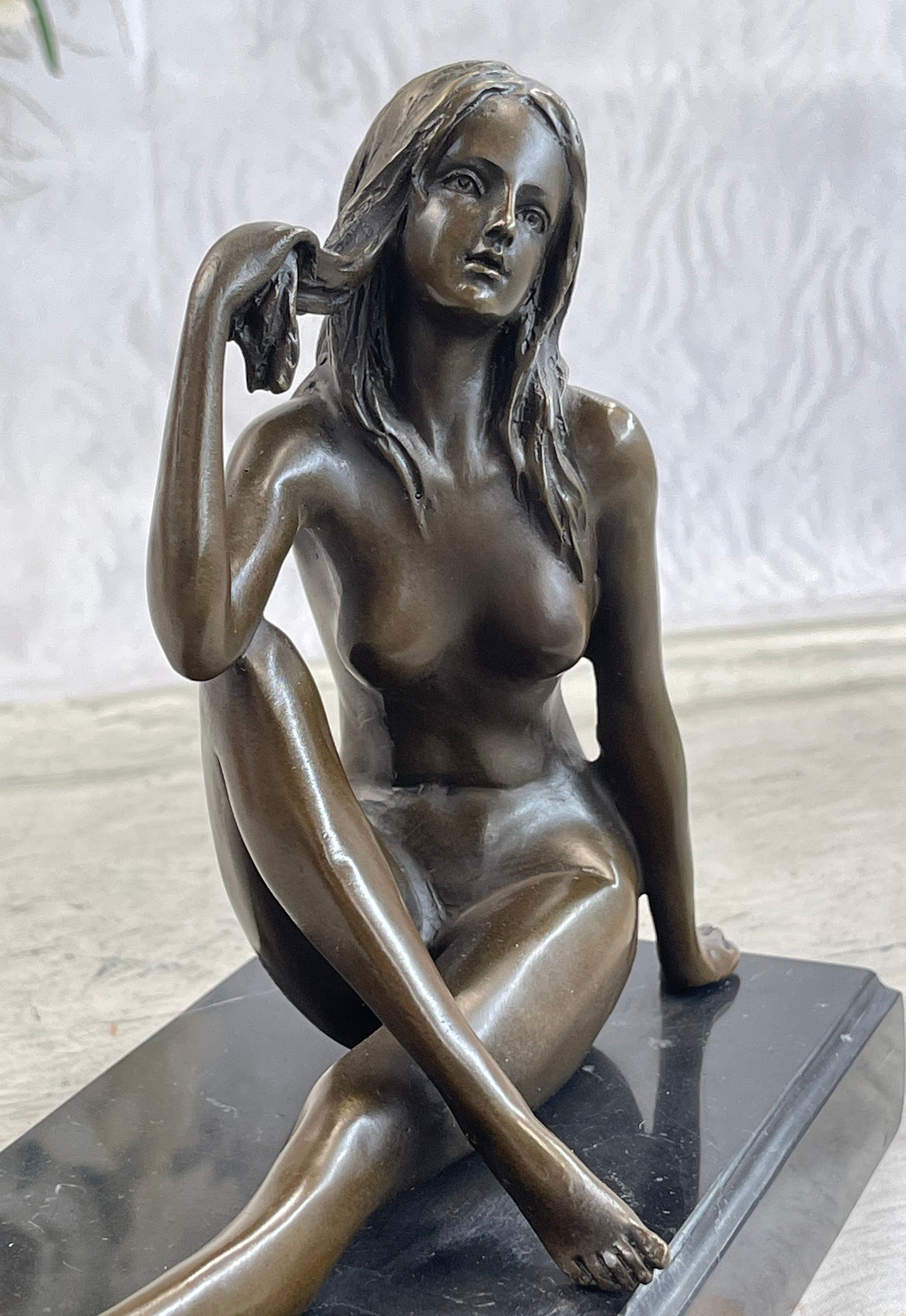 Sexy Nude Female Figure Sitting With Legs Crossed - Bronze Statue Sculpture on Marble Base
