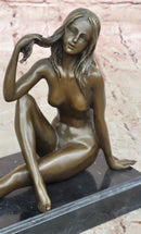 Sexy Nude Female Figure Sitting With Legs Crossed - Bronze Statue Sculpture on Marble Base