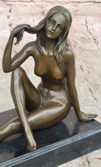 Sexy Nude Female Figure Sitting With Legs Crossed - Bronze Statue Sculpture on Marble Base