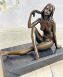 Sexy Nude Female Figure Sitting With Legs Crossed - Bronze Statue Sculpture on Marble Base