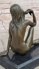 Sexy Nude Female Figure Sitting With Legs Crossed - Bronze Statue Sculpture on Marble Base