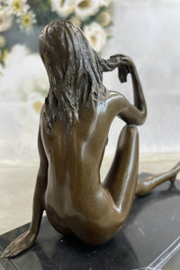 Sexy Nude Female Figure Sitting With Legs Crossed - Bronze Statue Sculpture on Marble Base