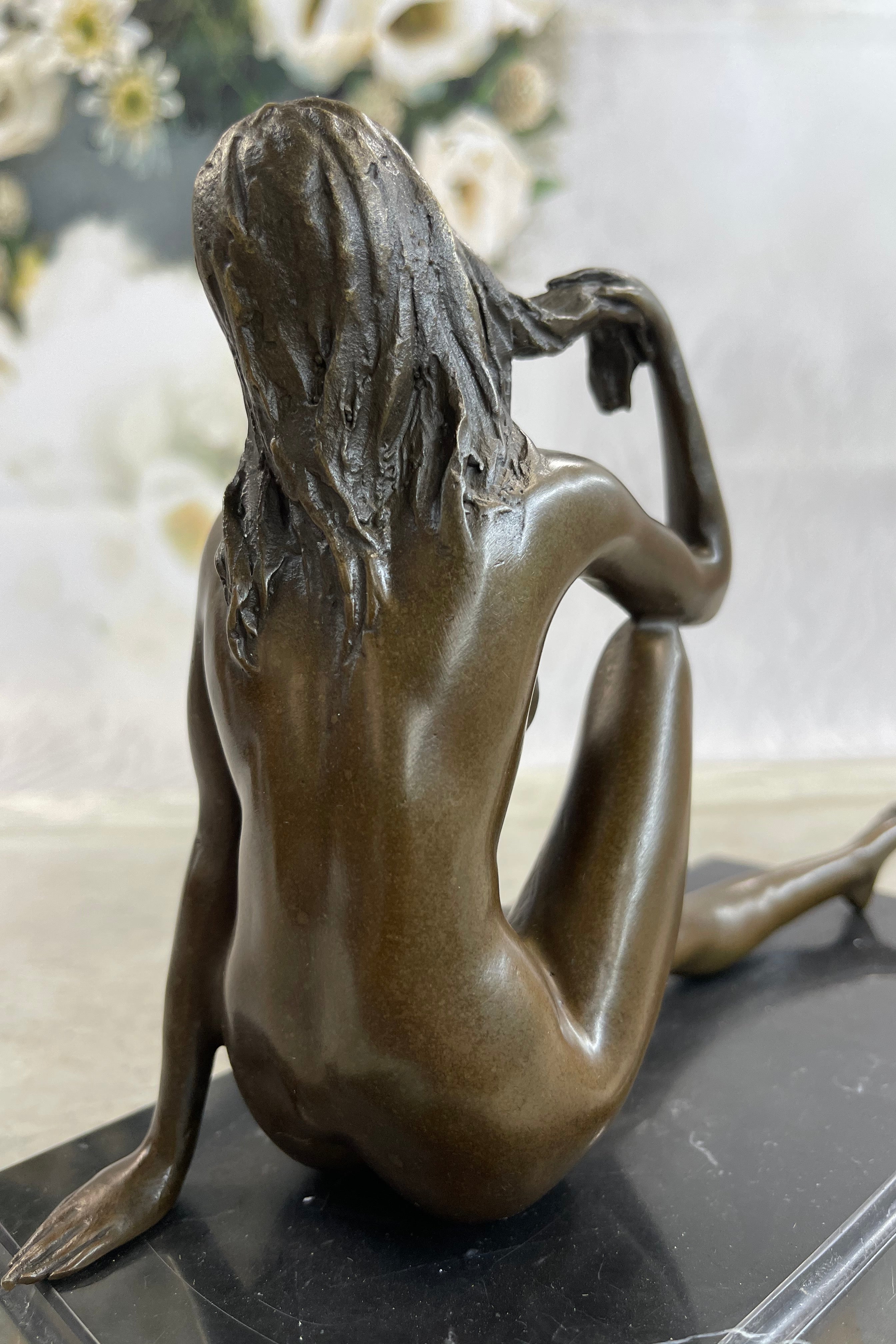 Sexy Nude Female Figure Sitting With Legs Crossed - Bronze Statue Sculpture on Marble Base