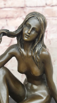 Sexy Nude Female Figure Sitting With Legs Crossed - Bronze Statue Sculpture on Marble Base