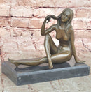 Sexy Nude Female Figure Sitting With Legs Crossed - Bronze Statue Sculpture on Marble Base