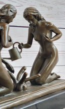 Two Nude Women Watering Their Plants (Penises) Erotic Bronze Sculpture Marble Base 5.5 x 9"
