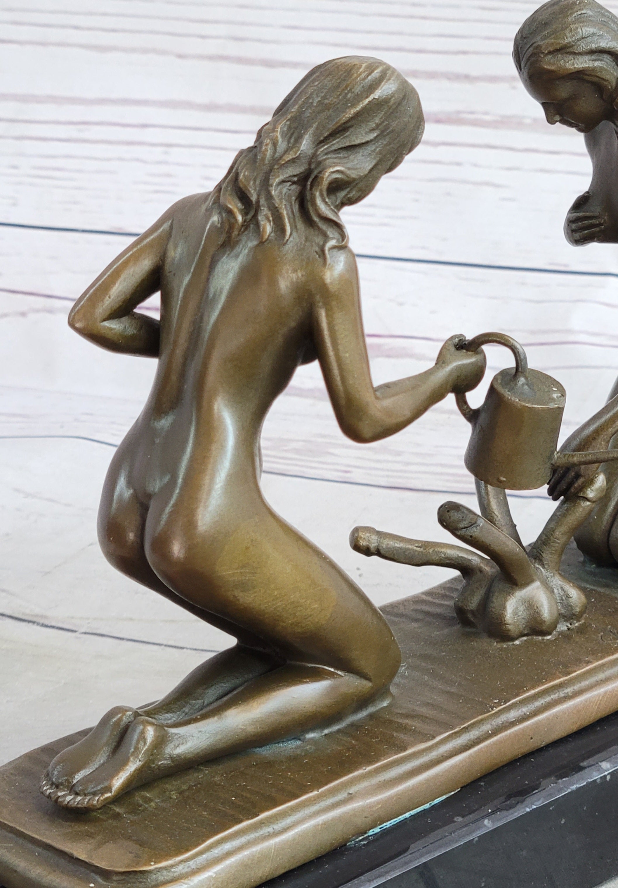 Two Nude Women Watering Their Plants (Penises) Erotic Bronze Sculpture Marble Base 5.5 x 9"