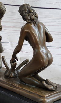 Two Nude Women Watering Their Plants (Penises) Erotic Bronze Sculpture Marble Base 5.5 x 9"