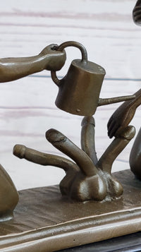 Two Nude Women Watering Their Plants (Penises) Erotic Bronze Sculpture Marble Base 5.5 x 9"