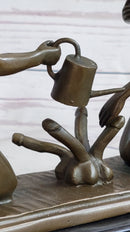 Two Nude Women Watering Their Plants (Penises) Erotic Bronze Sculpture Marble Base 5.5 x 9"