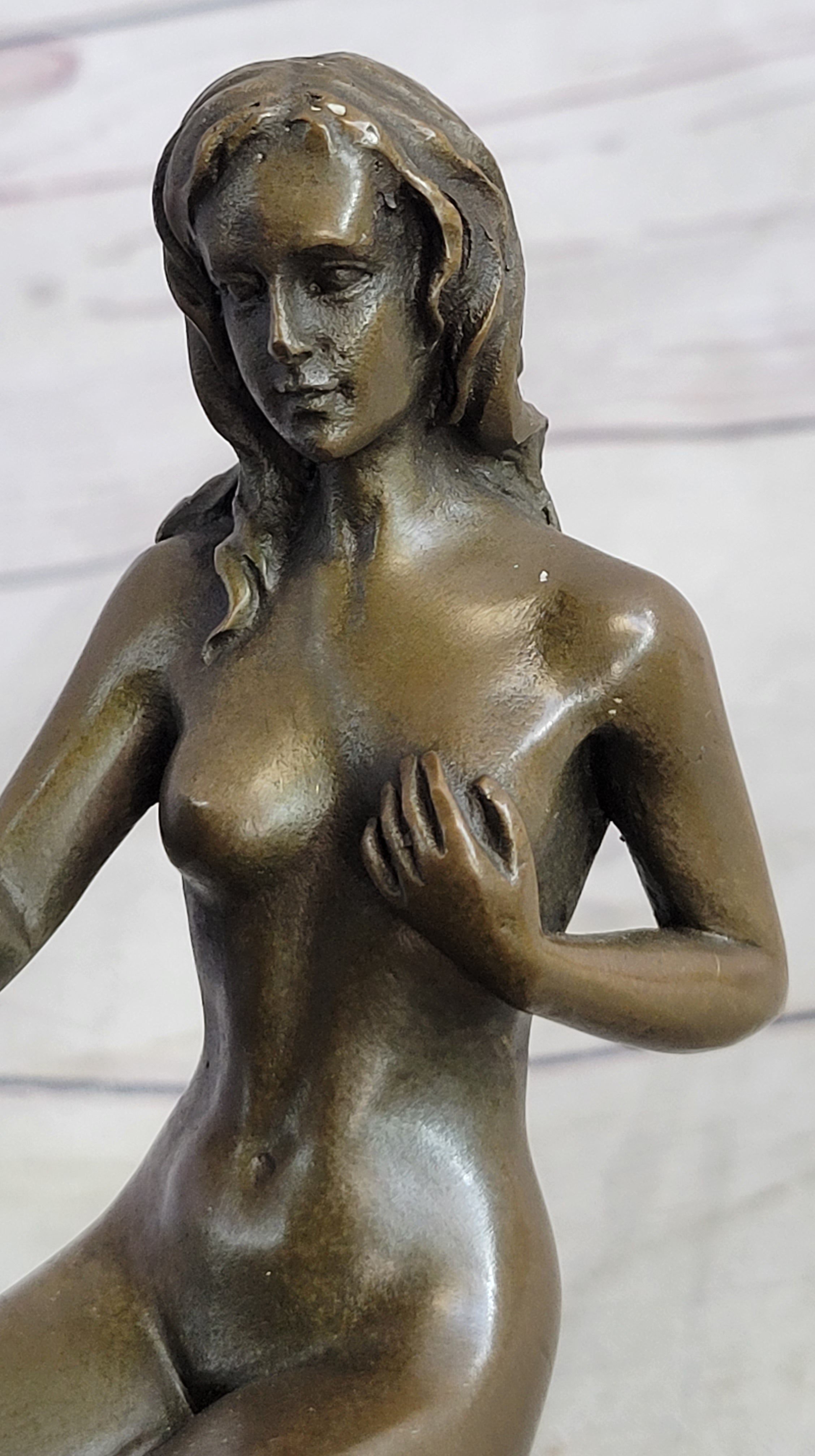 Two Nude Women Watering Their Plants (Penises) Erotic Bronze Sculpture Marble Base 5.5 x 9"