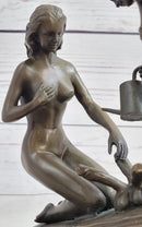 Two Nude Women Watering Their Plants (Penises) Erotic Bronze Sculpture Marble Base 5.5 x 9"