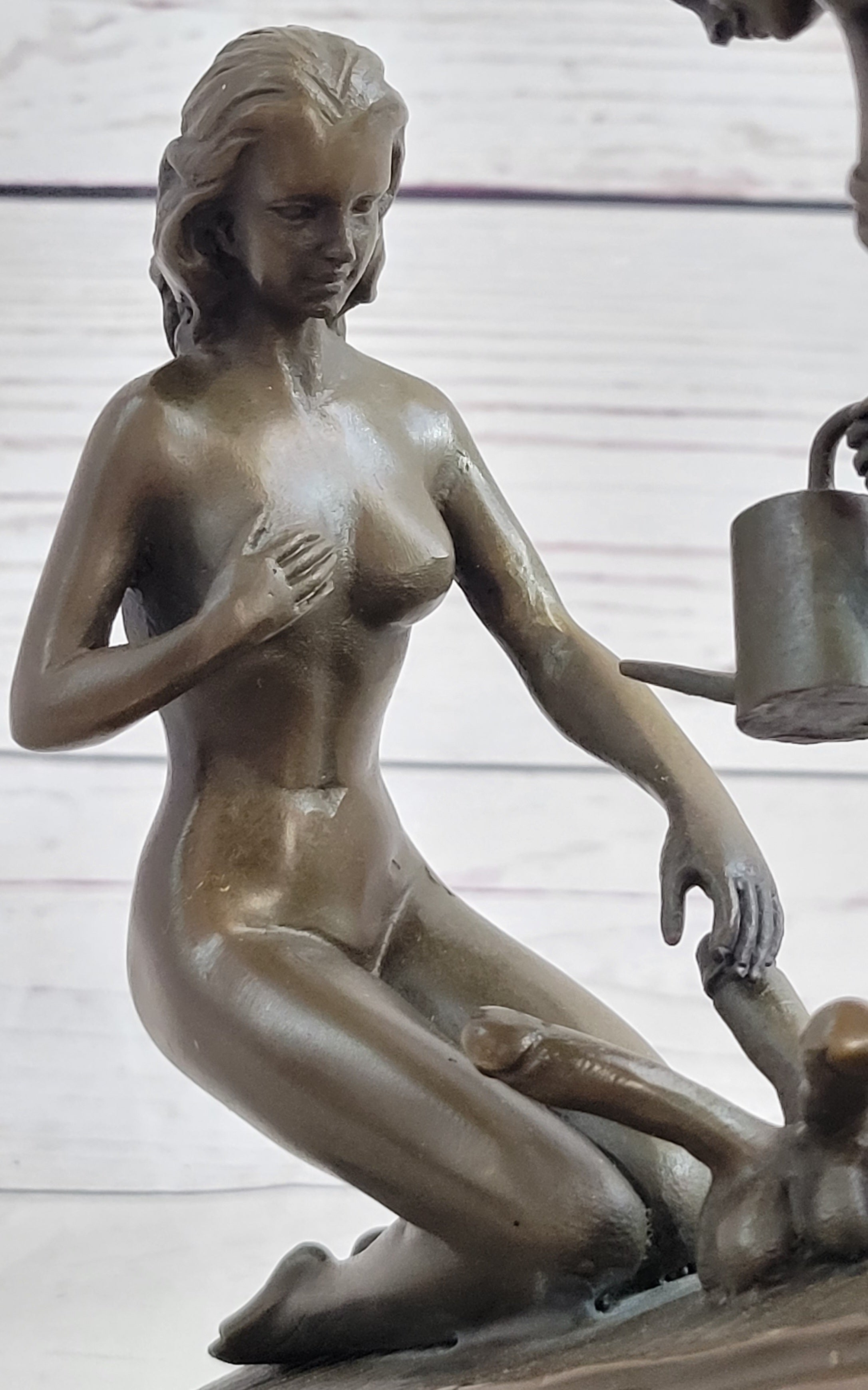 Two Nude Women Watering Their Plants (Penises) Erotic Bronze Sculpture Marble Base 5.5 x 9"