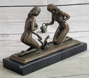 Two Nude Women Watering Their Plants (Penises) Erotic Bronze Sculpture Marble Base 5.5 x 9"