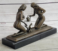 Two Nude Women Watering Their Plants (Penises) Erotic Bronze Sculpture Marble Base 5.5 x 9"